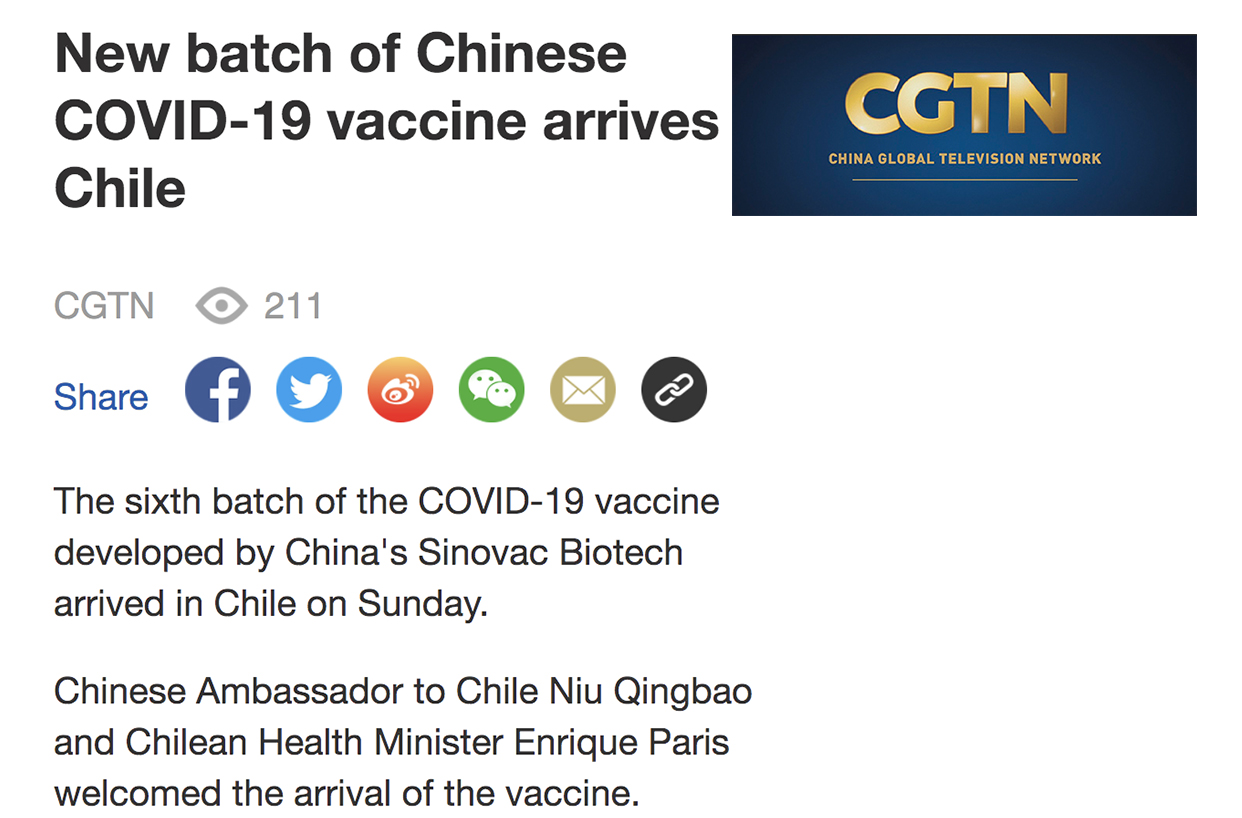 Llega a Chile un nuevo cargamento de la vacuna china contra el COVID-19 | Marca Chile